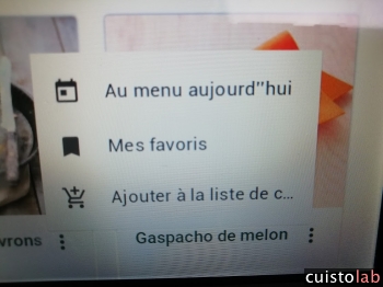... vous accédez à l'écran suivant qui vous permet de placer la recette dans le menu, dans les favoris et de créer la liste de courses