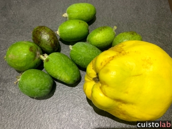 Des Feijoa et un coing reçu dans un panier Rutabago