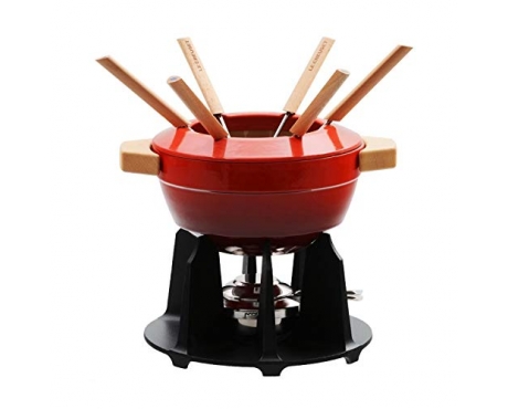 Grand Caquelon Le Creuset N°22 - Fonte Orange Volcanique - Avec 6 Fourchettes - Fabriqué En France