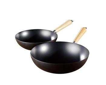 Wok antiadhésif en acier au carbone avec manche en Bois