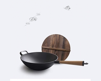 Wok en fonte avec poignée et couvercle en bois