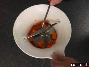 Les morceaux de carotte dans le presse-purée Moulinex